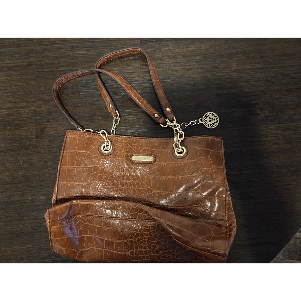 Anne Klein Brown Crocodile Embossed Faux Leather Shoulder Bag Tote Gold Hardware